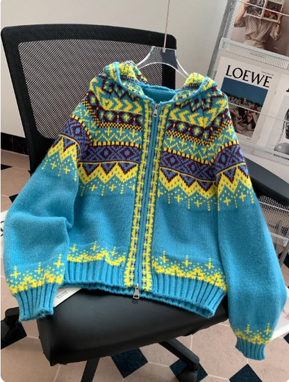 Women's Zip-Up Fair Isle Knit Cardigan for Daily Use Warm Blue