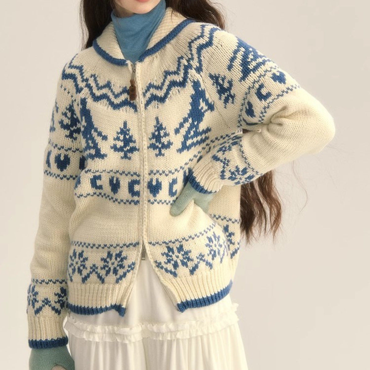 Women's Zip-Up Fair Isle Knit Cardigan for Daily Use Warm White