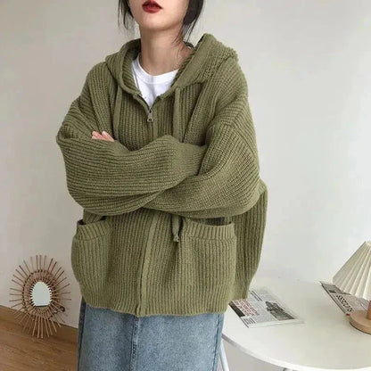 Women's Zip-Up Hooded Cardigan for Fall and Winter Everyday Wear Green