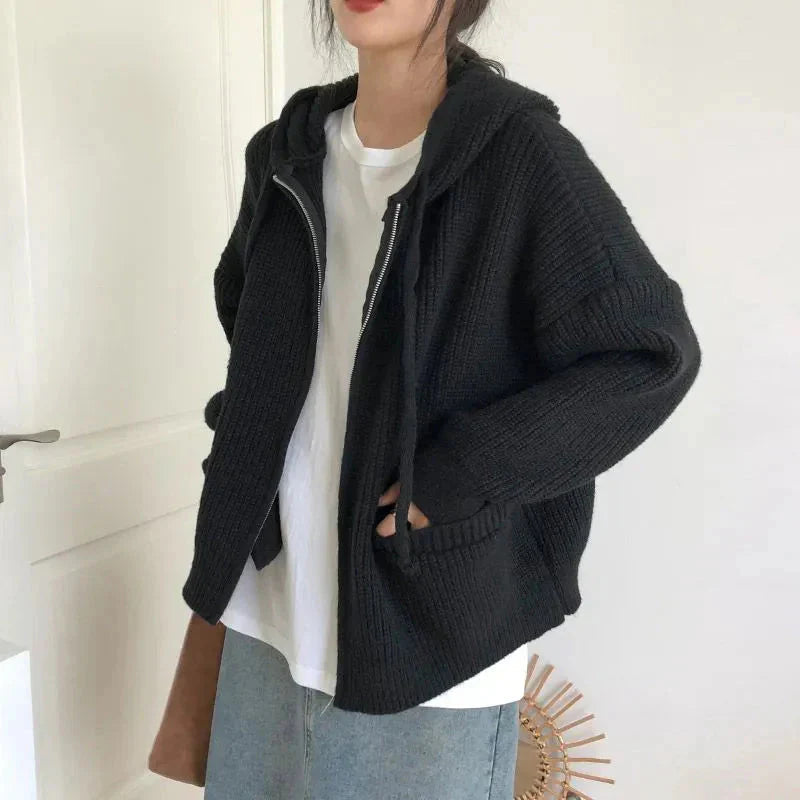 Women's Zip-Up Hooded Cardigan for Fall and Winter Everyday Wear Black