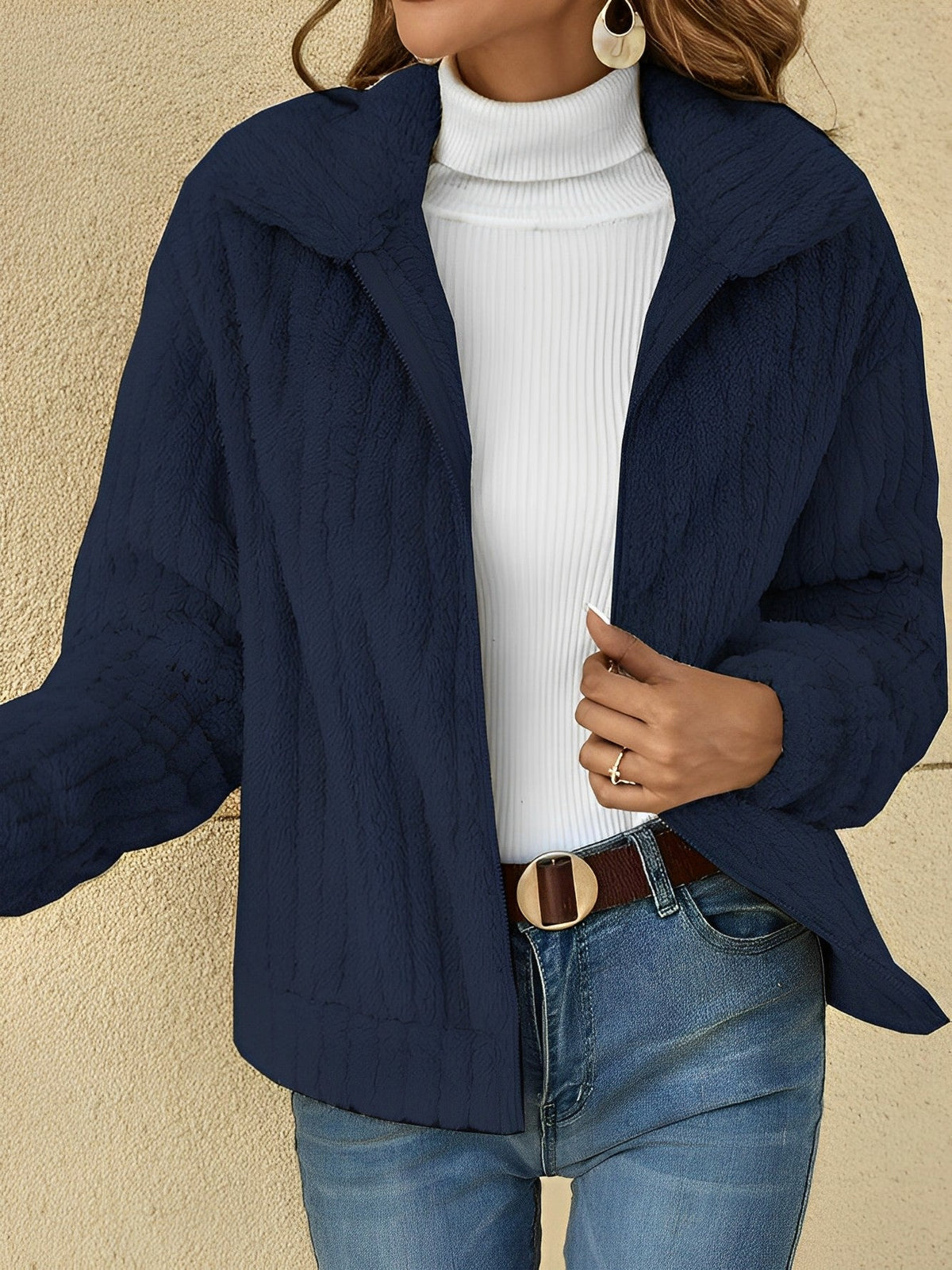 Women's Zip-Up Relaxed Fit Jacket for Fall and Winter Everyday Wear Dark Blue