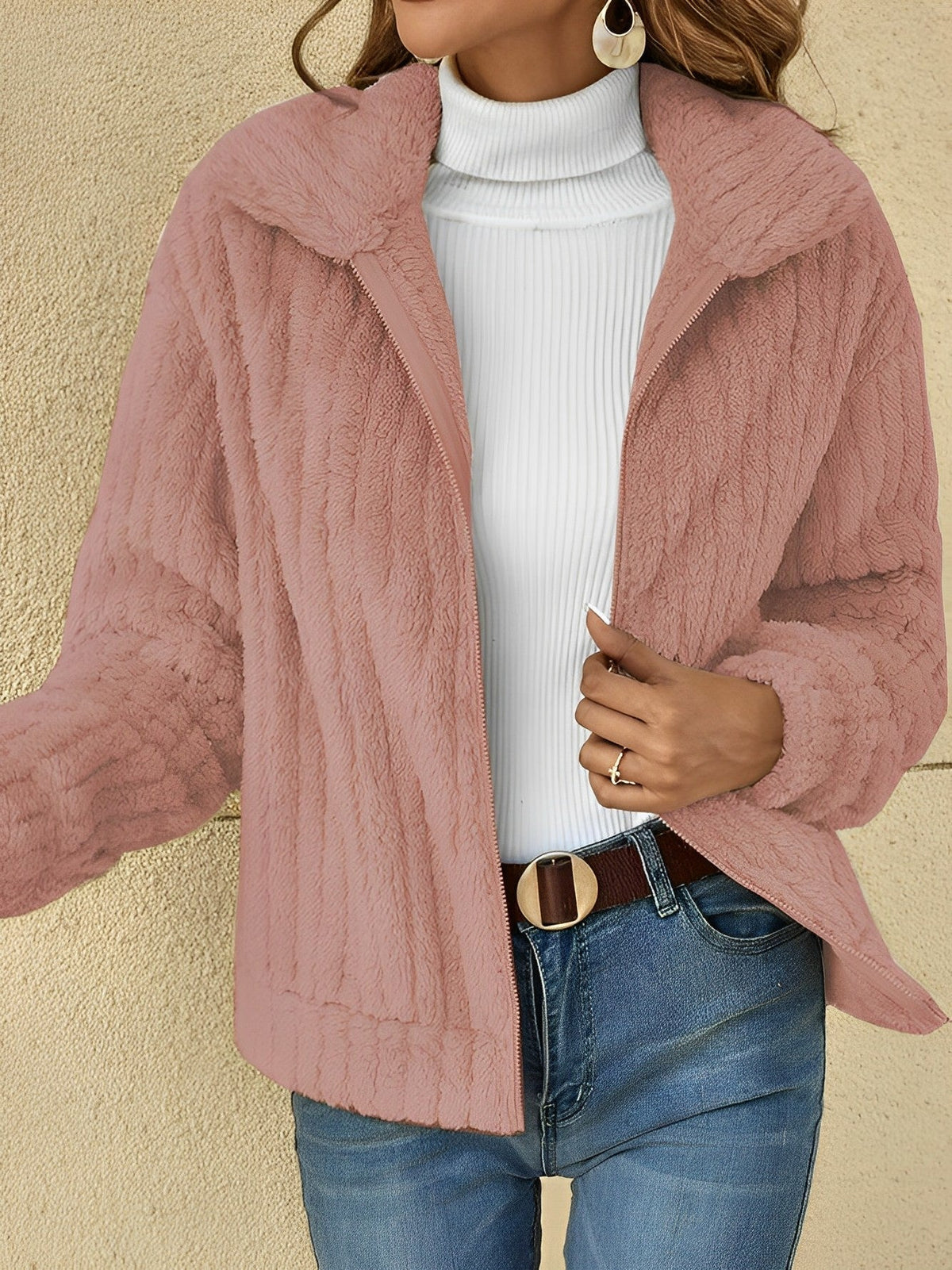 Women's Zip-Up Relaxed Fit Jacket for Fall and Winter Everyday Wear Pink