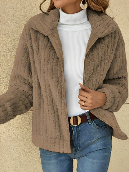 Women's Zip-Up Relaxed Fit Jacket for Fall and Winter Everyday Wear Brown
