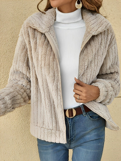 Women's Zip-Up Relaxed Fit Jacket for Fall and Winter Everyday Wear Khaki
