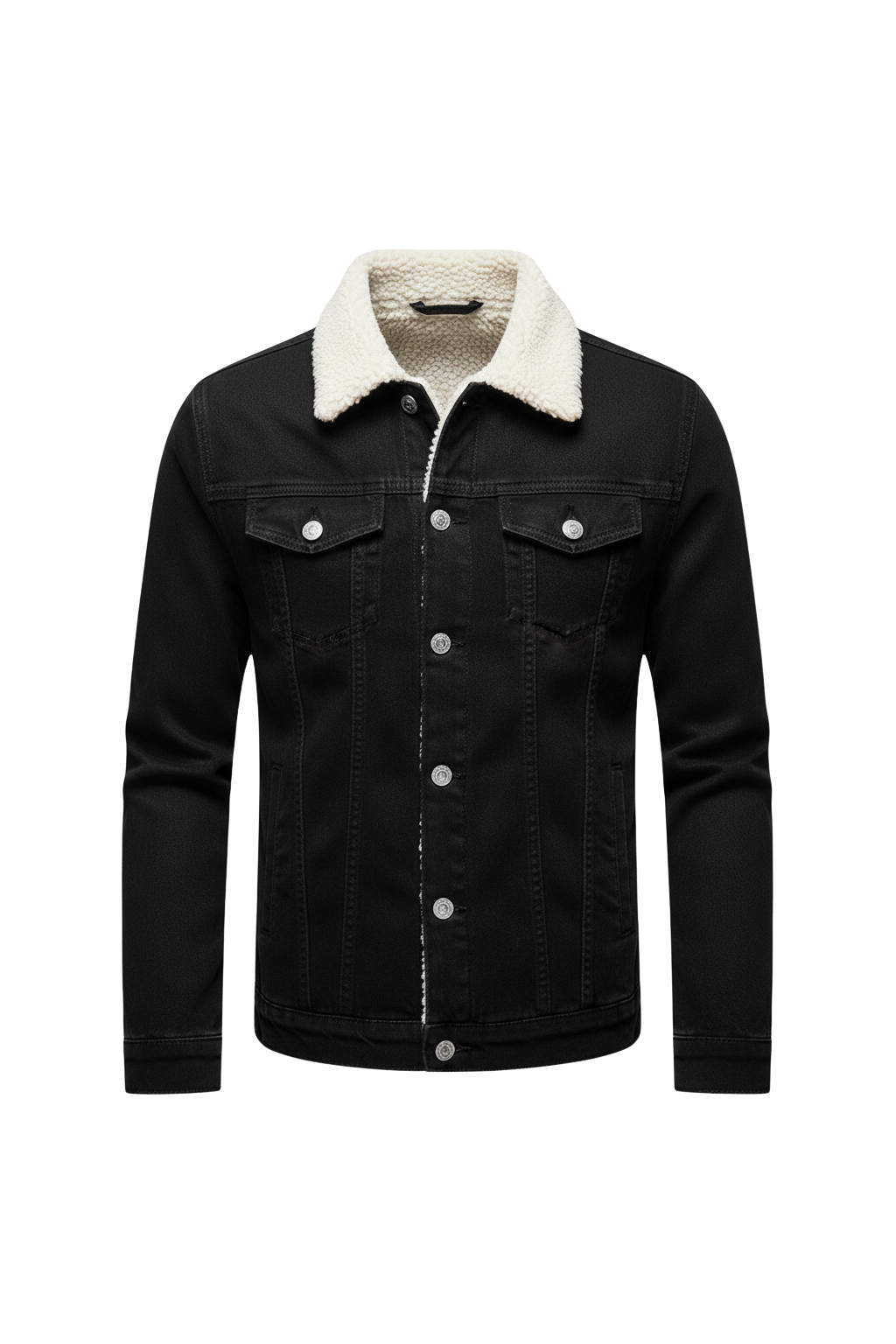 Men's Fall Denim Jacket with Fleece Collar and Button Front Black