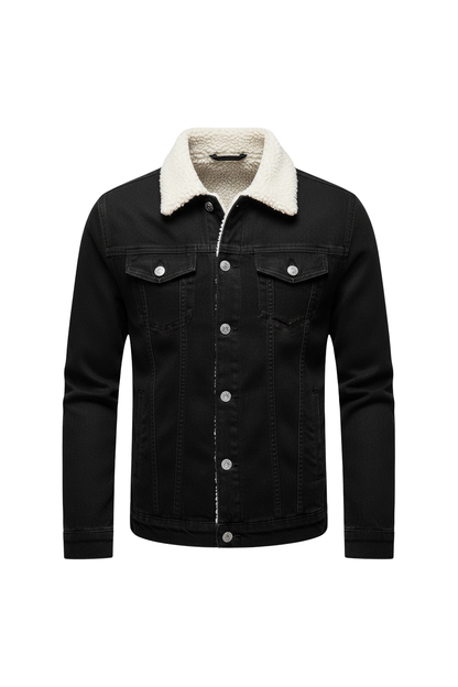Men's Fall Denim Jacket with Fleece Collar and Button Front Black