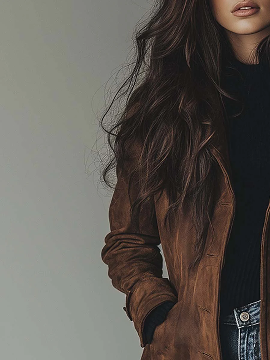 Women's Long Faux Suede Trench Coat with Button Front for Daily Use