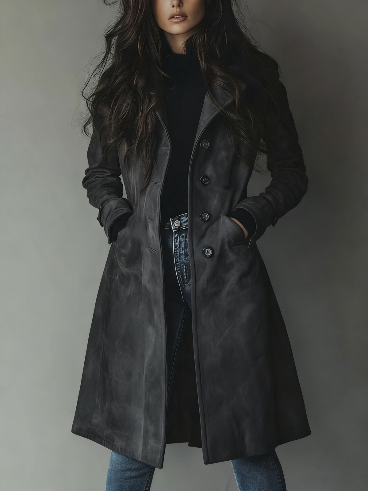 Women's Long Faux Suede Trench Coat with Button Front for Daily Use Dark Gray