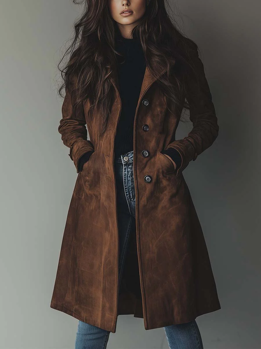 Women's Long Faux Suede Trench Coat with Button Front for Daily Use Brown