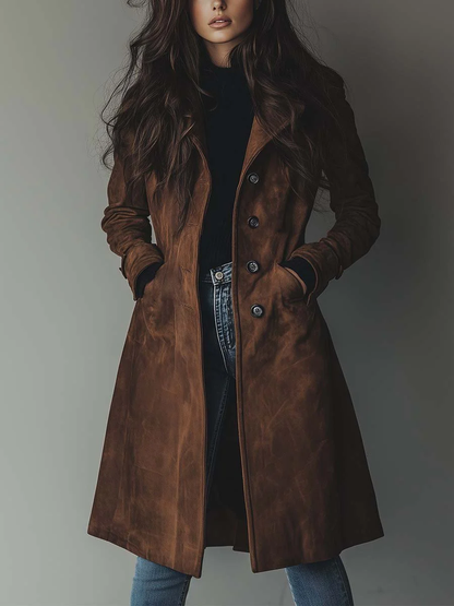 Women's Long Faux Suede Trench Coat with Button Front for Daily Use Brown