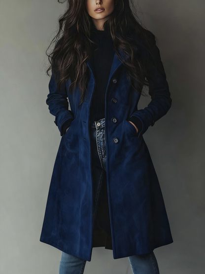 Women's Long Faux Suede Trench Coat with Button Front for Daily Use Navy Blue