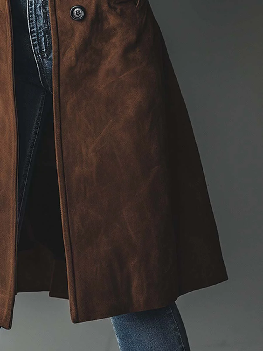 Women's Long Faux Suede Trench Coat with Button Front for Daily Use