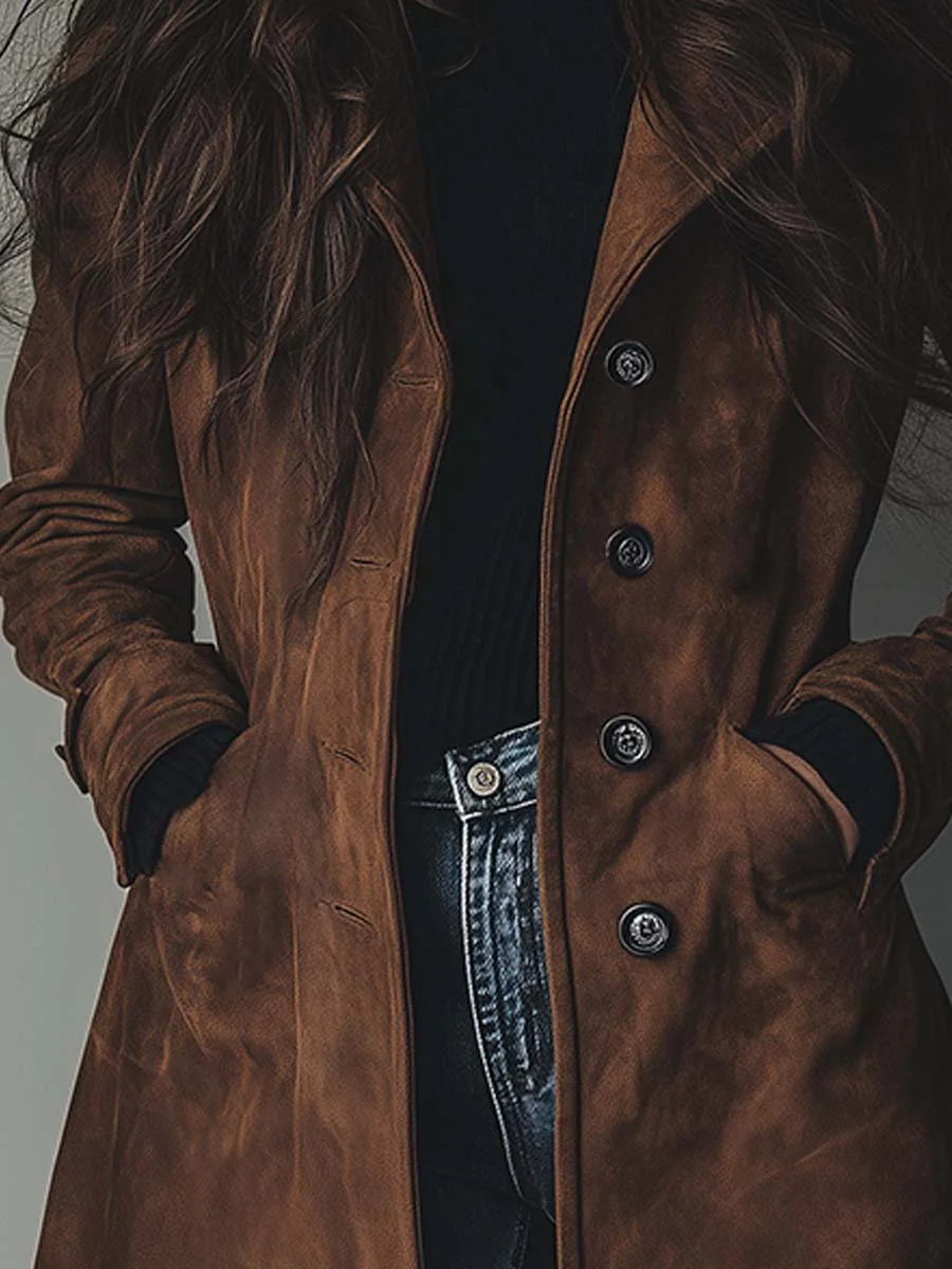 Women's Long Faux Suede Trench Coat with Button Front for Daily Use