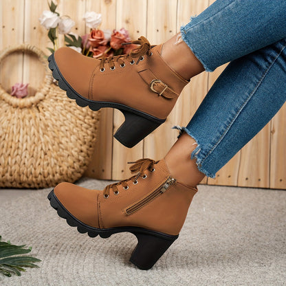 Women's Elegant Lace Up Ankle Boots with Block Heel for Daily Use
