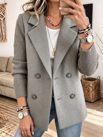 Women's Double-Breasted Blazer with Ribbed Knit Sleeves Gray