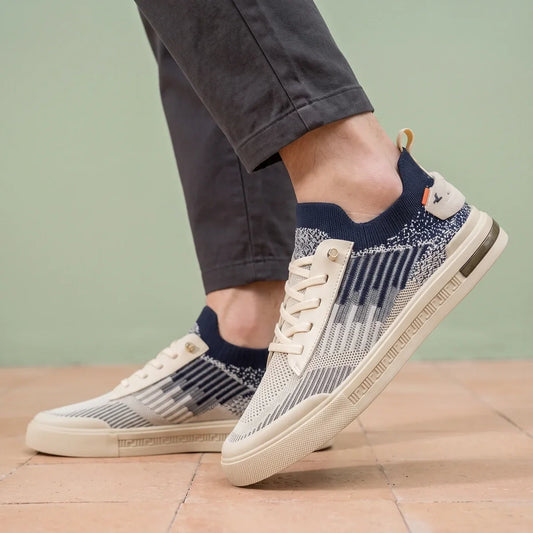 Men's Two-Tone Knit Lace-Up Athletic Sneakers for Daily Use Beige