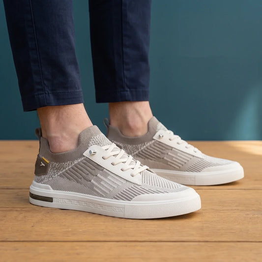 Men's Two-Tone Knit Lace-Up Athletic Sneakers for Daily Use White