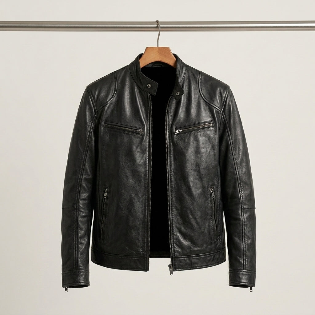 Men's Stylish Leather Jacket with Dual Chest Zippers for Daily Use Black
