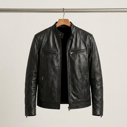 Men's Stylish Leather Jacket with Dual Chest Zippers for Daily Use Black