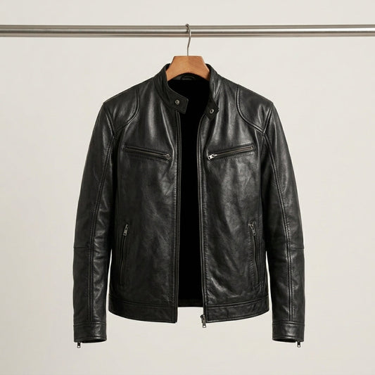 Men's Stylish Leather Jacket with Dual Chest Zippers for Daily Use Black