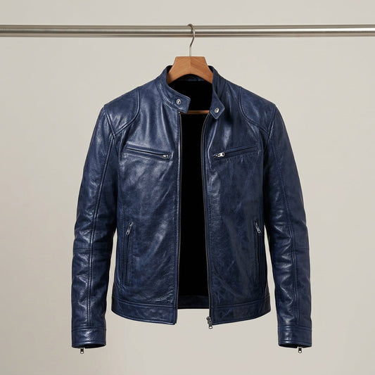 Men's Stylish Leather Jacket with Dual Chest Zippers for Daily Use Blue