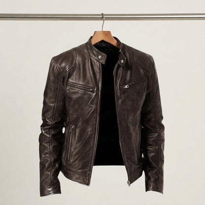 Men's Stylish Leather Jacket with Dual Chest Zippers for Daily Use Brown