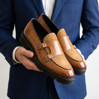 Men's Double Buckle Suede Loafers with Lug Sole for Daily Use Brown