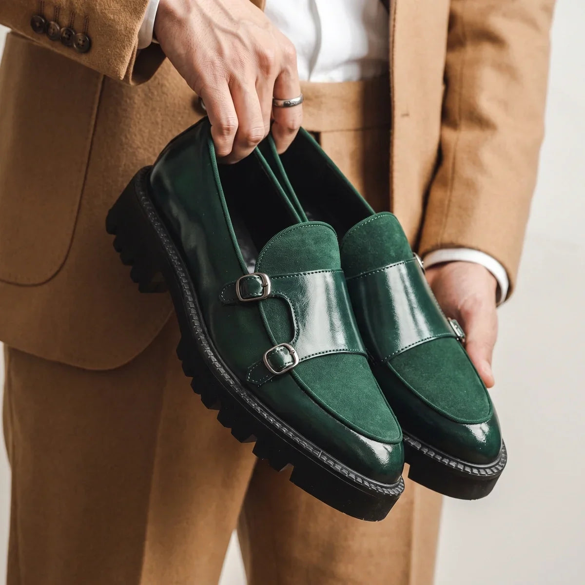 Men's Double Buckle Suede Loafers with Lug Sole for Daily Use Green