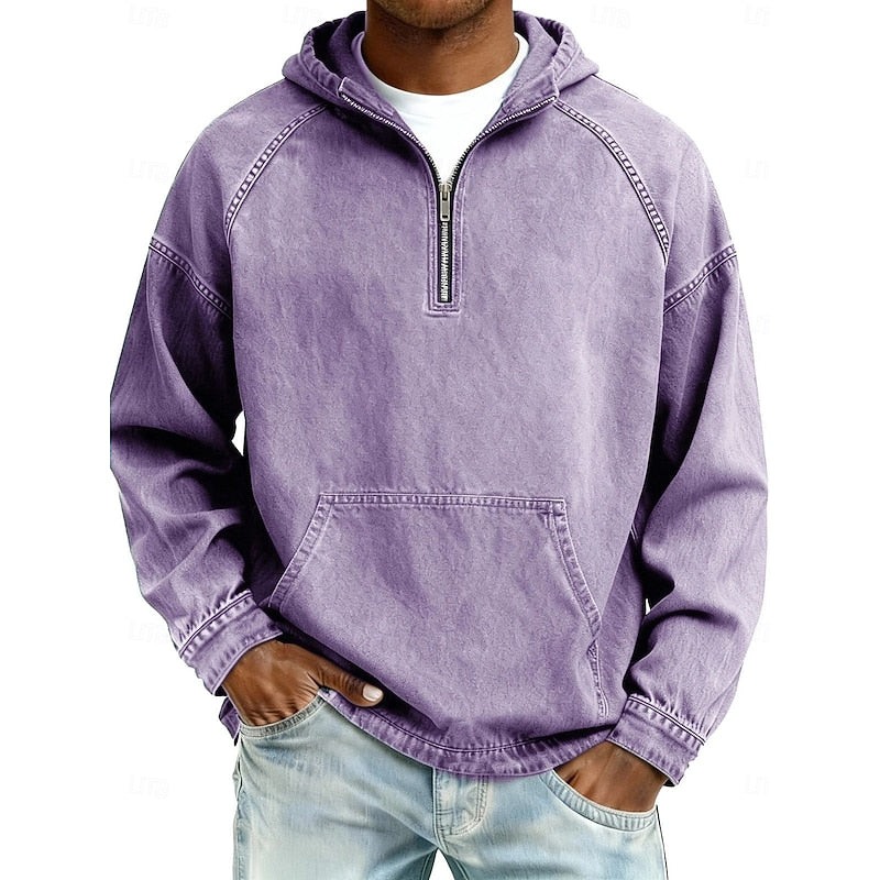 Men's Casual Washed Quarter-Zip Hoodie for Daily Use Warm Purple