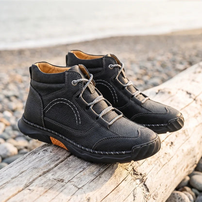 Men's Leather High Top Chukkas with Whipstitch Detail for Daily Use Black