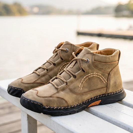 Men's Leather High Top Chukkas with Whipstitch Detail for Daily Use Khaki