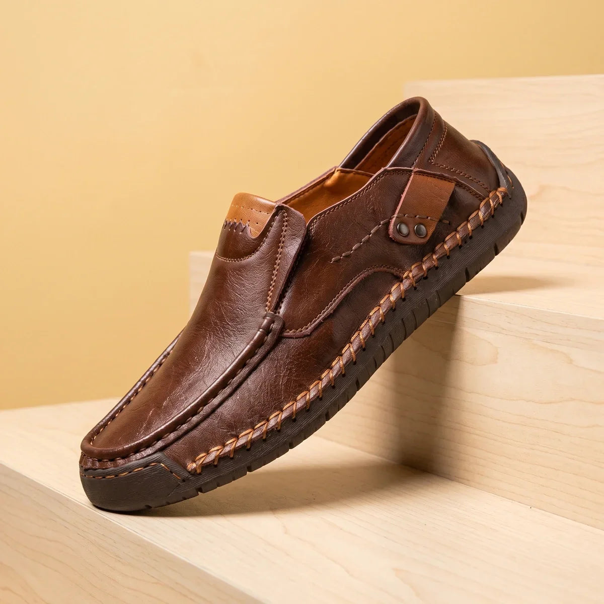 Men's Whipstitch Moc Toe Leather Slip-On Shoes for Daily Use Dark Brown