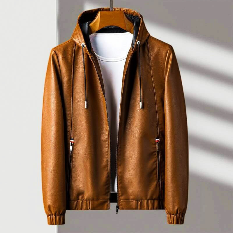 Men's Hooded Zip Leather Jacket with Ribbed Cuffs and Pockets Brown
