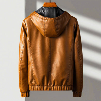Men's Hooded Zip Leather Jacket with Ribbed Cuffs and Pockets