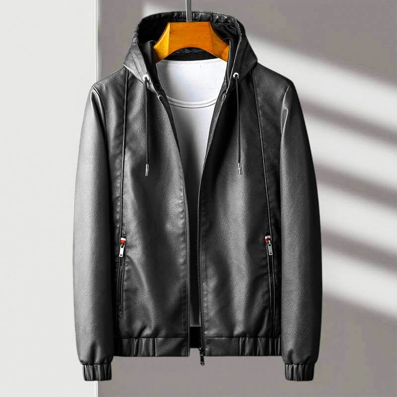 Men's Hooded Zip Leather Jacket with Ribbed Cuffs and Pockets Gray