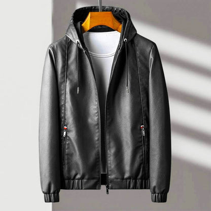 Men's Hooded Zip Leather Jacket with Ribbed Cuffs and Pockets Gray