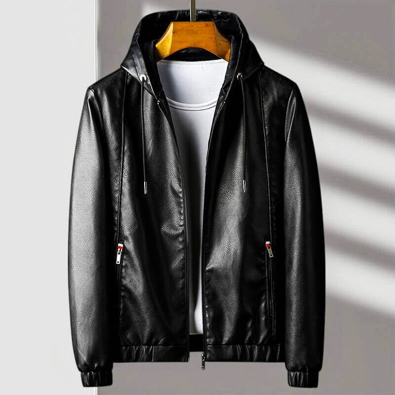 Men's Hooded Zip Leather Jacket with Ribbed Cuffs and Pockets Black