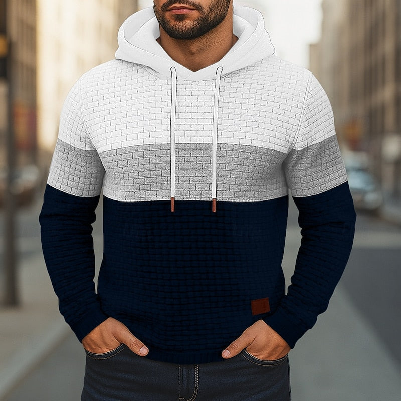 Men's Color Block Textured Pullover Hoodie for Daily Use