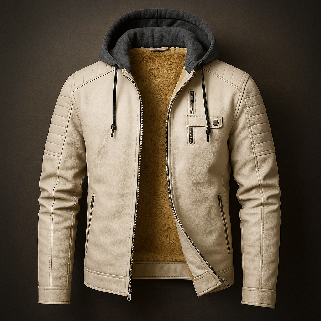 Men's Leather Jacket with Removable Hood for Daily Use Warm Beige
