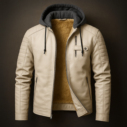 Men's Leather Jacket with Removable Hood for Daily Use Warm Beige