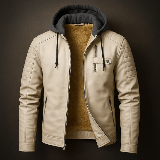 Men's Leather Jacket with Removable Hood for Daily Use Warm Beige
