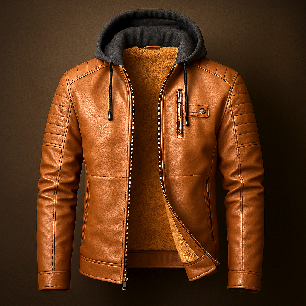 Men's Leather Jacket with Removable Hood for Daily Use Warm Orange