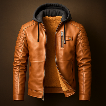 Men's Leather Jacket with Removable Hood for Daily Use Warm Orange