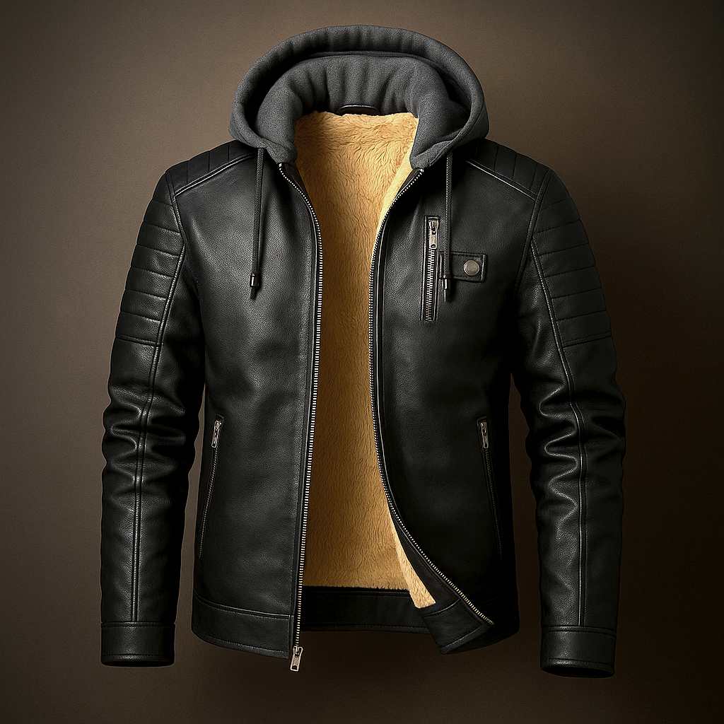 Men's Leather Jacket with Removable Hood for Daily Use Warm Black