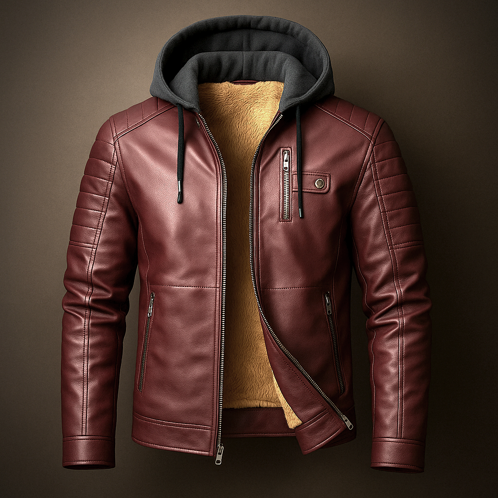 Men's Leather Jacket with Removable Hood for Daily Use Warm Dark Red