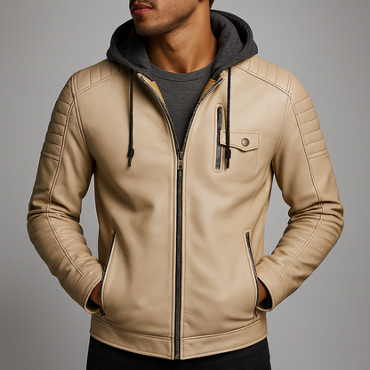 Men's Leather Jacket with Removable Hood for Daily Use Warm