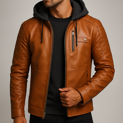 Men's Leather Jacket with Removable Hood for Daily Use Warm