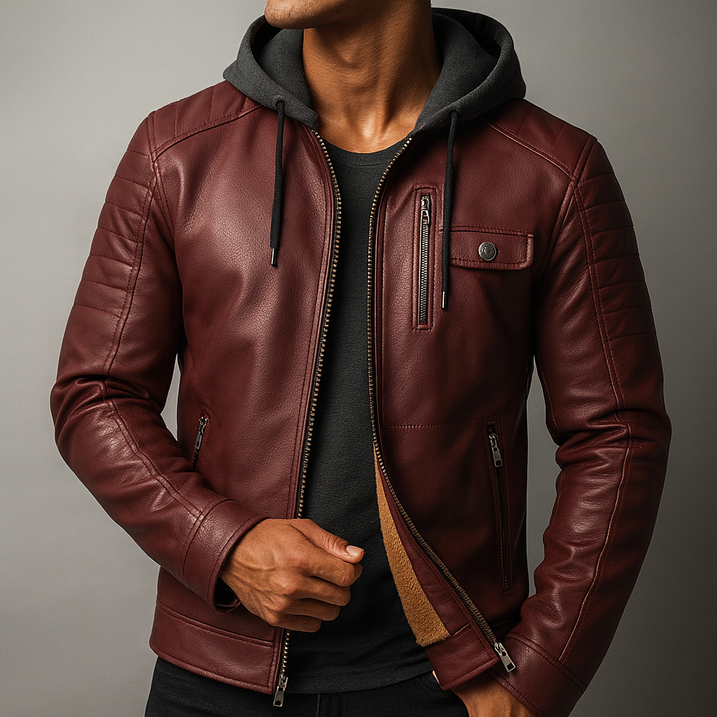Men's Leather Jacket with Removable Hood for Daily Use Warm