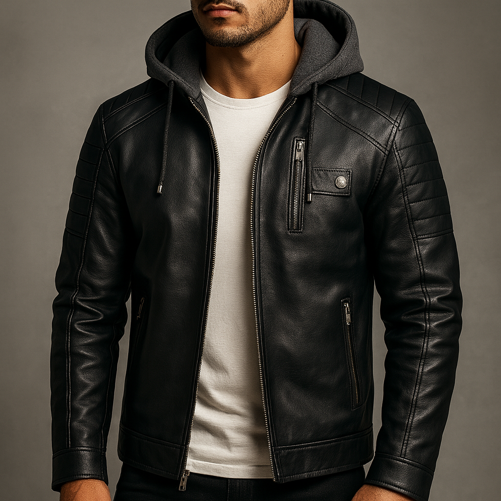 Men's Leather Jacket with Removable Hood for Daily Use Warm
