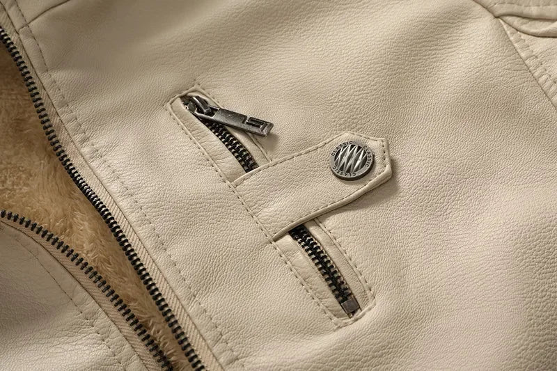 Men's Leather Jacket with Removable Hood for Daily Use Warm